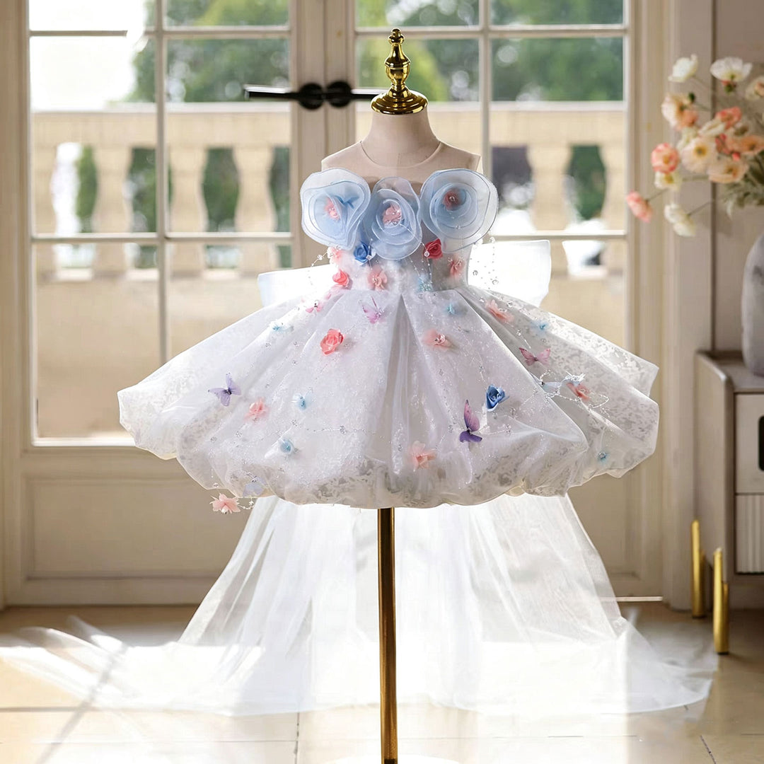 Dreamy Blue Flower Girl Dress with 3D Flowers Butterfly Tulle Princess DreamyVow Dreamy Blue Flower Girl Dress with 3D Flowers Butterfly Tulle Princess DreamyVow