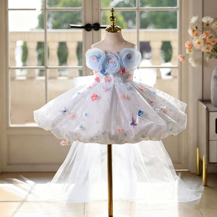 Dreamy Blue Flower Girl Dress with 3D Flowers Butterfly Tulle Princess Party Gown J896