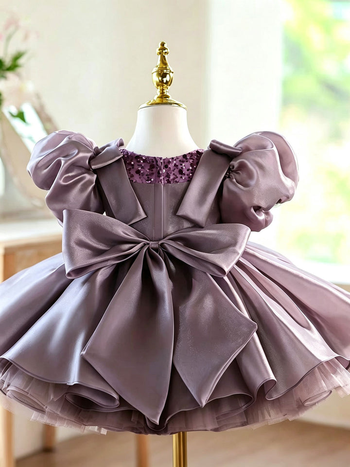 Dusty Lavender Flower Girl Dress for Girls Puff Sleeve Bow Dress D278