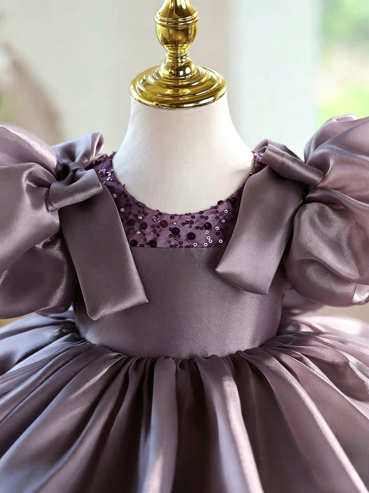 Dusty Lavender Flower Girl Dress for Girls Puff Sleeve Bow Dress D278