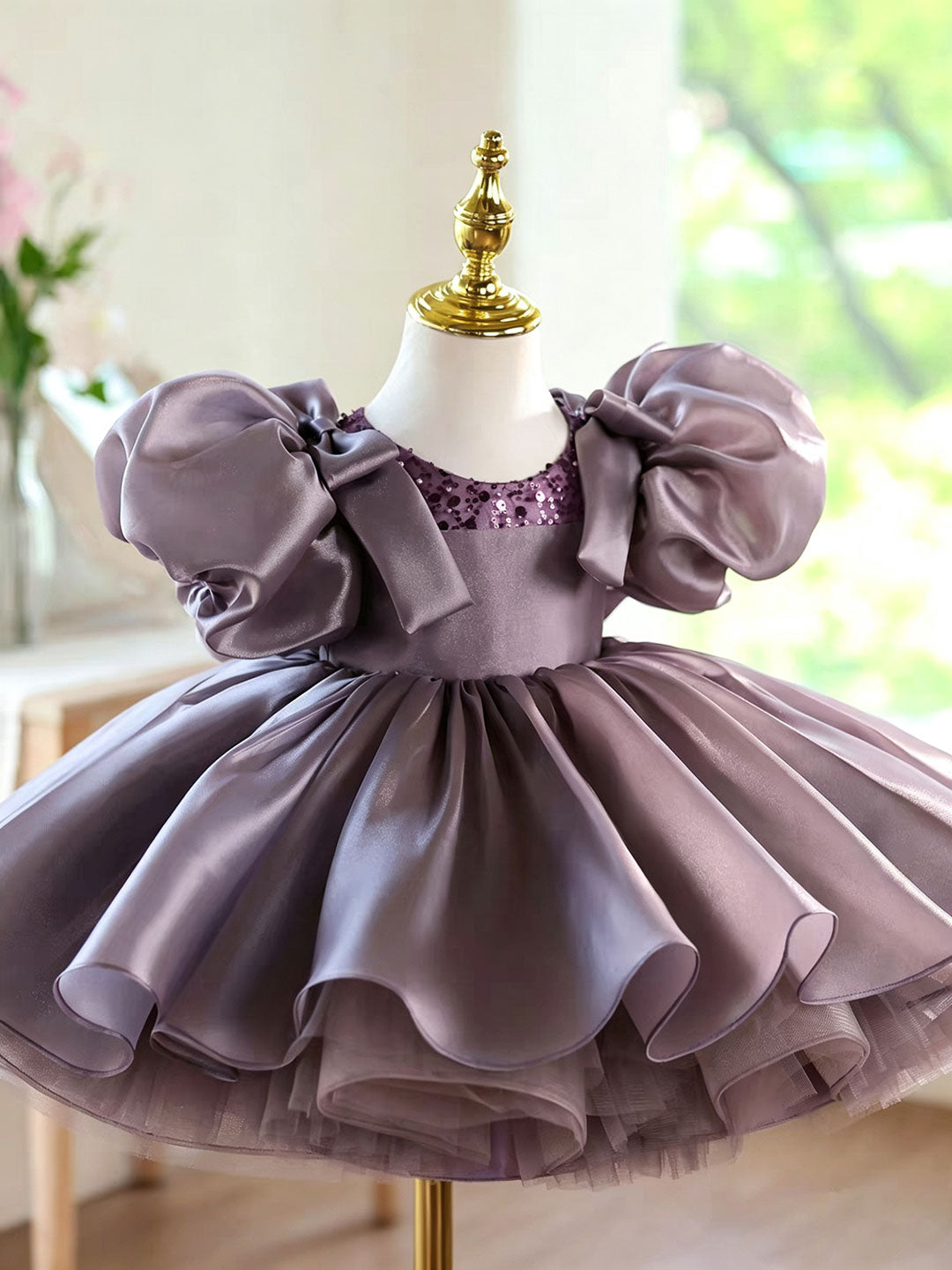 Dusty Lavender Flower Girl Dress for Girls Puff Sleeve Bow Dress D278