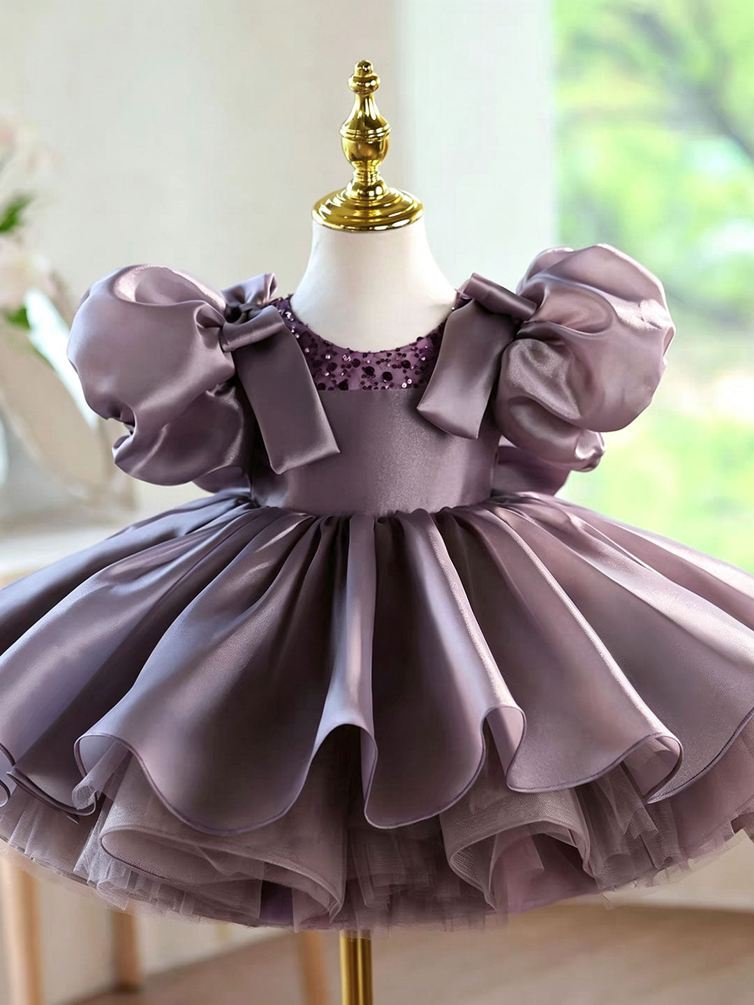 Dusty Lavender Flower Girl Dress for Girls Puff Sleeve Bow Dress D278