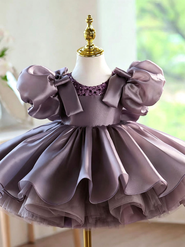 Dusty Lavender Flower Girl Dress for Girls Puff Sleeve Bow Dress D278
