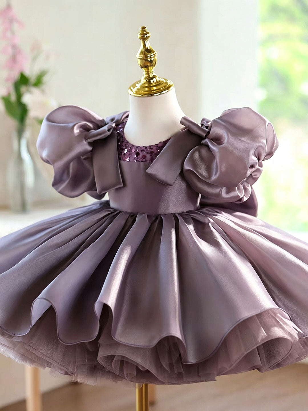 Dusty Lavender Flower Girl Dress for Girls Puff Sleeve Bow Dress D278