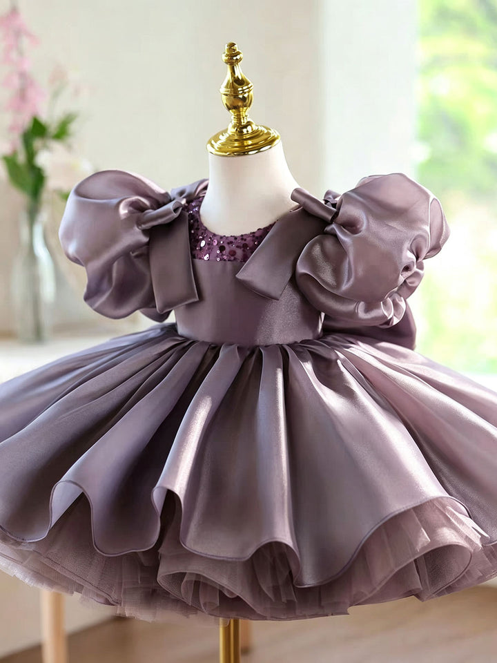 Dusty Lavender Flower Girl Dress for Girls Puff Sleeve Bow Dress D278