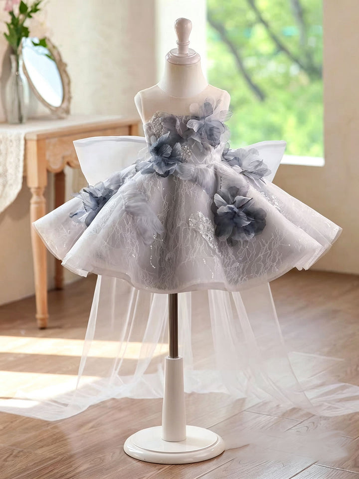 Elegant Grey 3D Floral Flower Girl Dress with Tulle Skirt Princess Party Gown D271