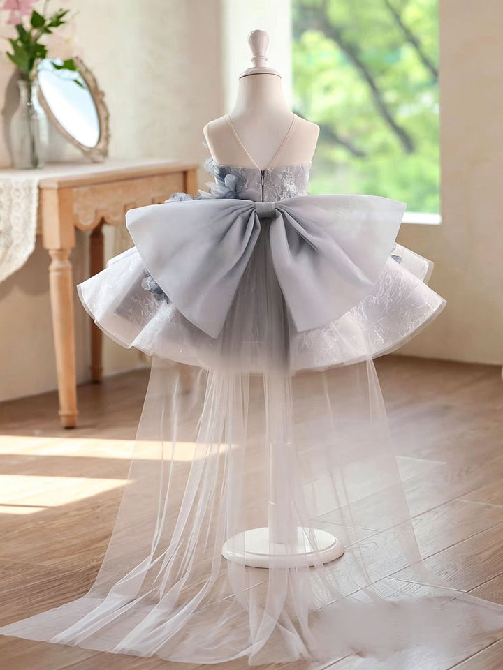 Elegant Grey 3D Floral Flower Girl Dress with Tulle Skirt Princess Party Gown D271