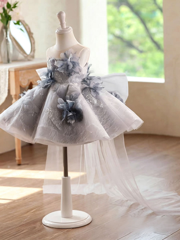 Elegant Grey 3D Floral Flower Girl Dress with Tulle Skirt Princess Party Gown D271