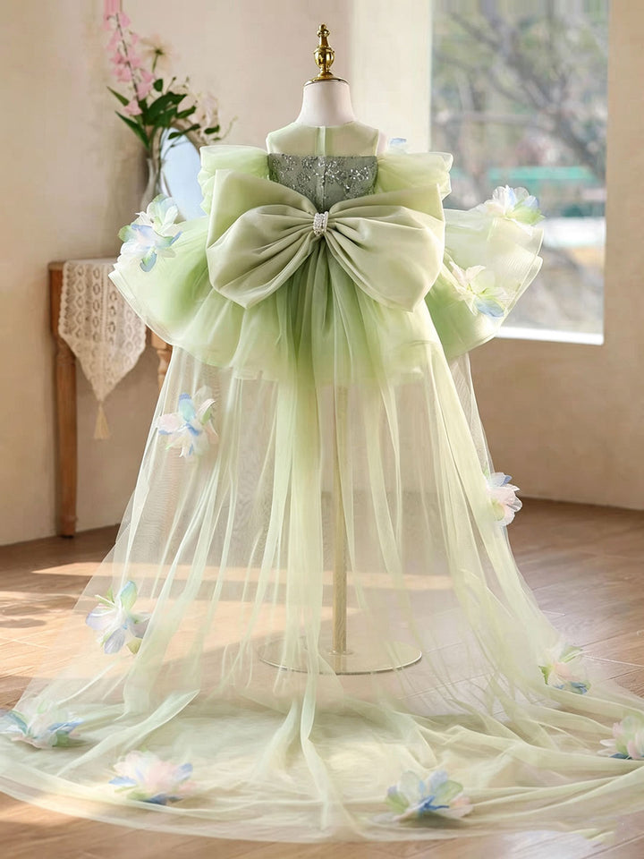 Elegant Sage Green Princess Flower Girl Dress with Puffy Skirt and Sheer Train D268