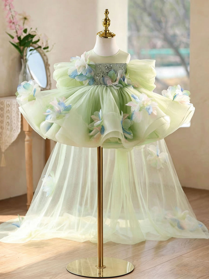 Elegant Sage Green Princess Flower Girl Dress with Puffy Skirt and Sheer Train D268
