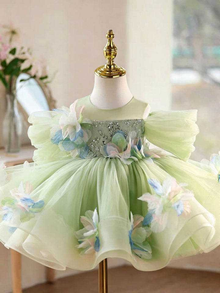 Elegant Sage Green Princess Flower Girl Dress with Puffy Skirt and Sheer Train D268