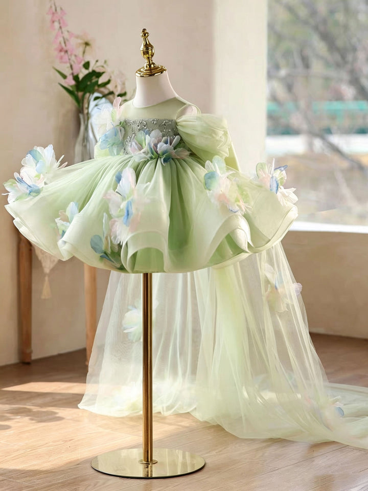 Elegant Sage Green Princess Flower Girl Dress with Puffy Skirt and Sheer Train D268