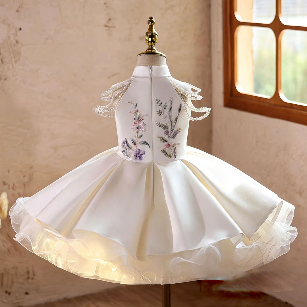 Elegant White Princess Flower Girl Dress with 3D Floral Embroidery D270