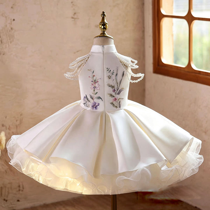 Elegant White Princess Flower Girl Dress with 3D Floral Embroidery D270