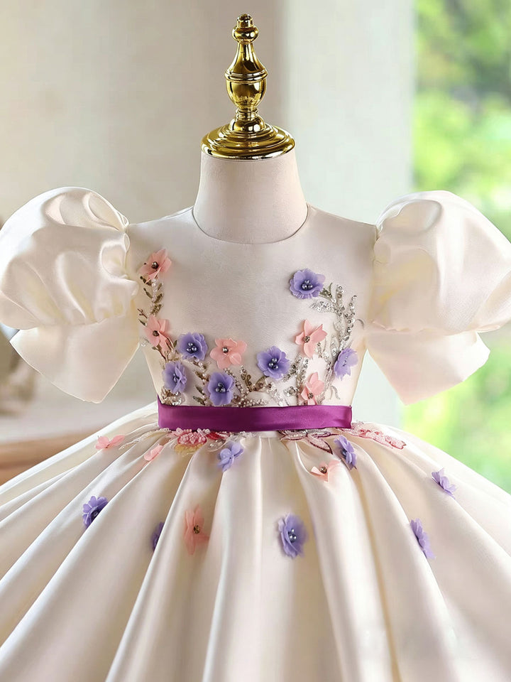Luxury White Flower Girl Dress with Puff Sleeves for Wedding D276
