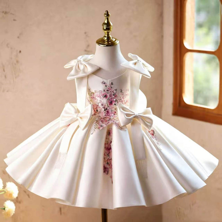 Luxury White Satin Princess Flower Girl Dress with Bow Details J900
