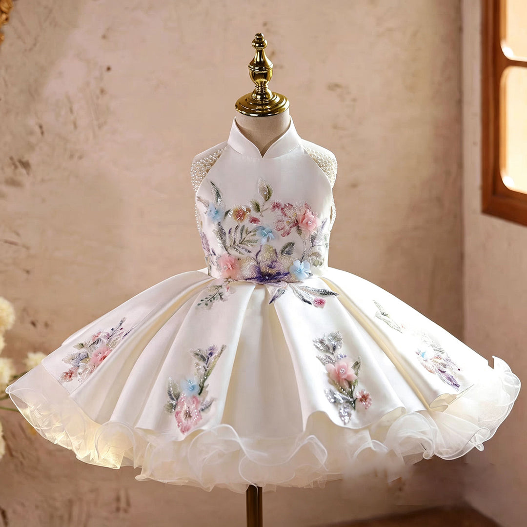 Elegant White Princess Flower Girl Dress with 3D Floral Embroidery D270