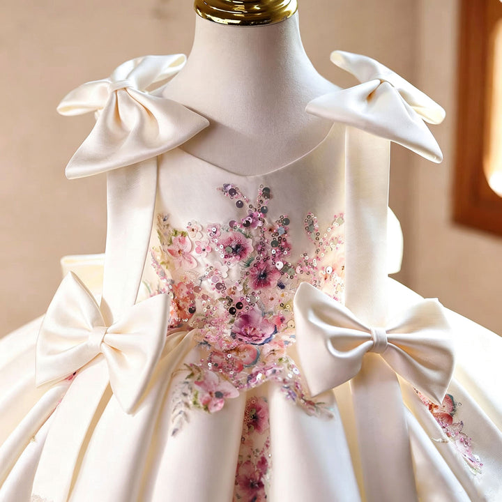 Luxury White Satin Princess Flower Girl Dress with Bow Details J900