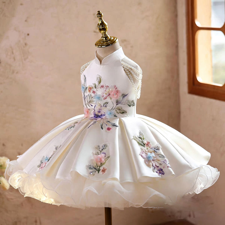 Elegant White Princess Flower Girl Dress with 3D Floral Embroidery D270