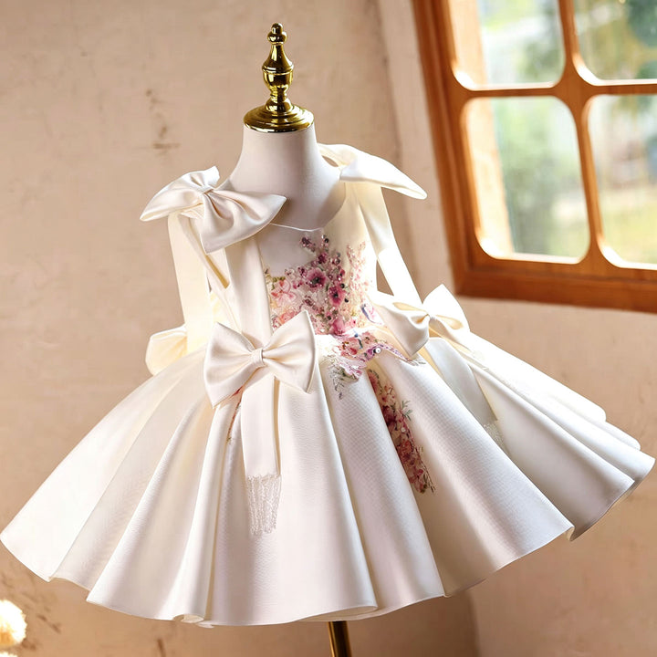 Luxury White Satin Princess Flower Girl Dress with Bow Details J900