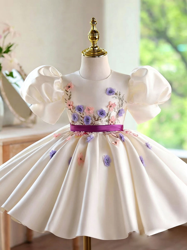 Luxury White Flower Girl Dress with Puff Sleeves for Wedding D276