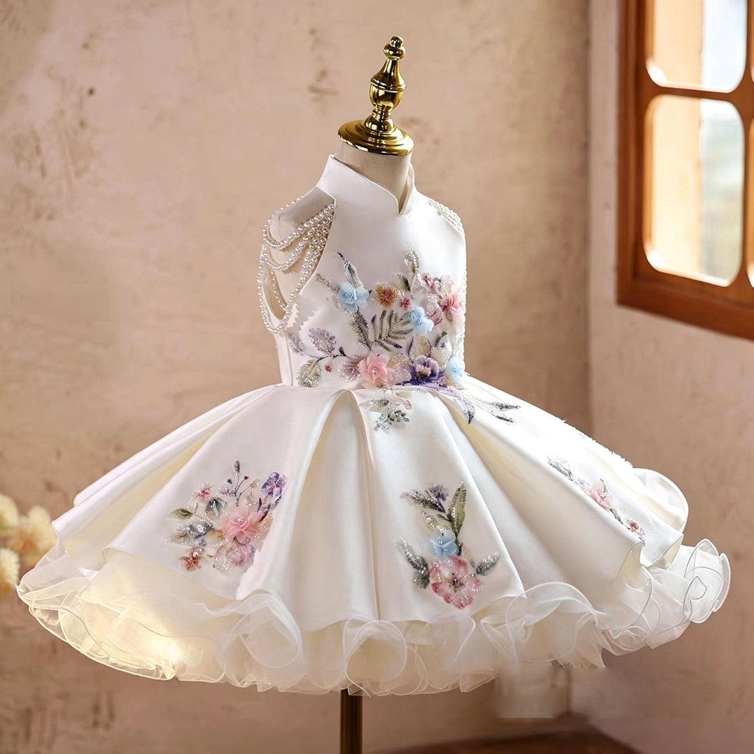 Elegant White Princess Flower Girl Dress with 3D Floral Embroidery D270