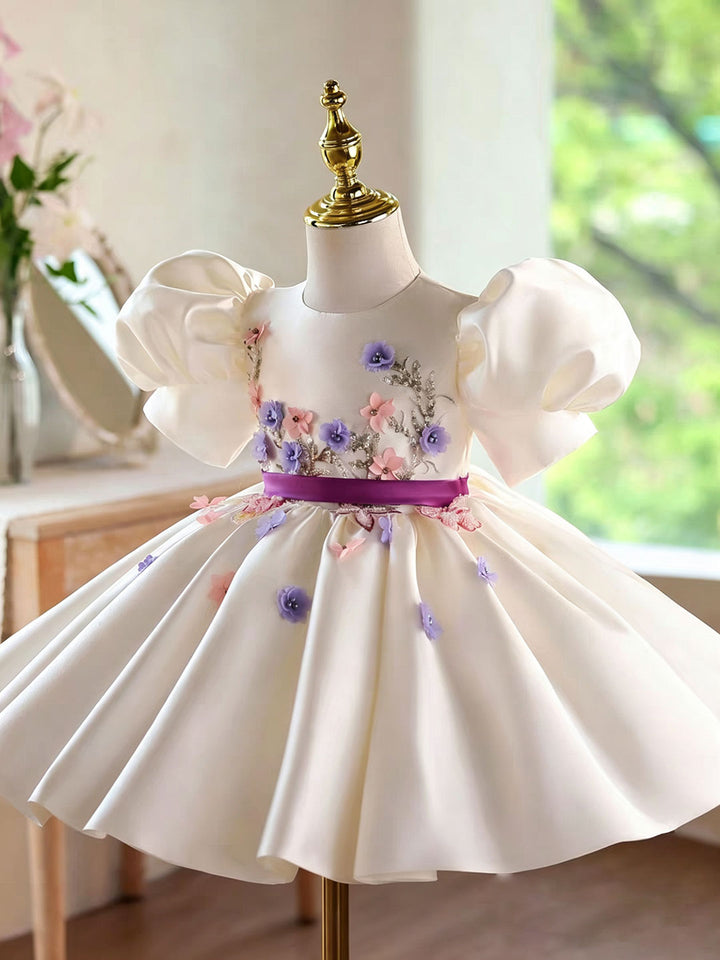 Luxury White Flower Girl Dress with Puff Sleeves for Wedding D276