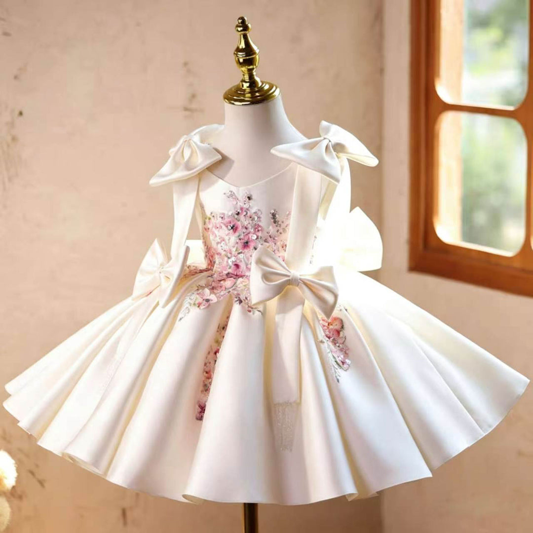 Luxury White Satin Princess Flower Girl Dress with Bow Details J900