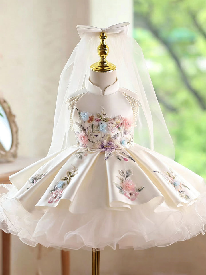 Elegant White Princess Flower Girl Dress with 3D Floral Embroidery D270