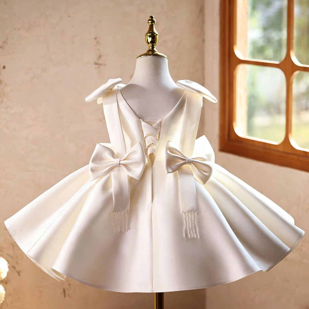 Luxury White Satin Princess Flower Girl Dress with Bow Details J900