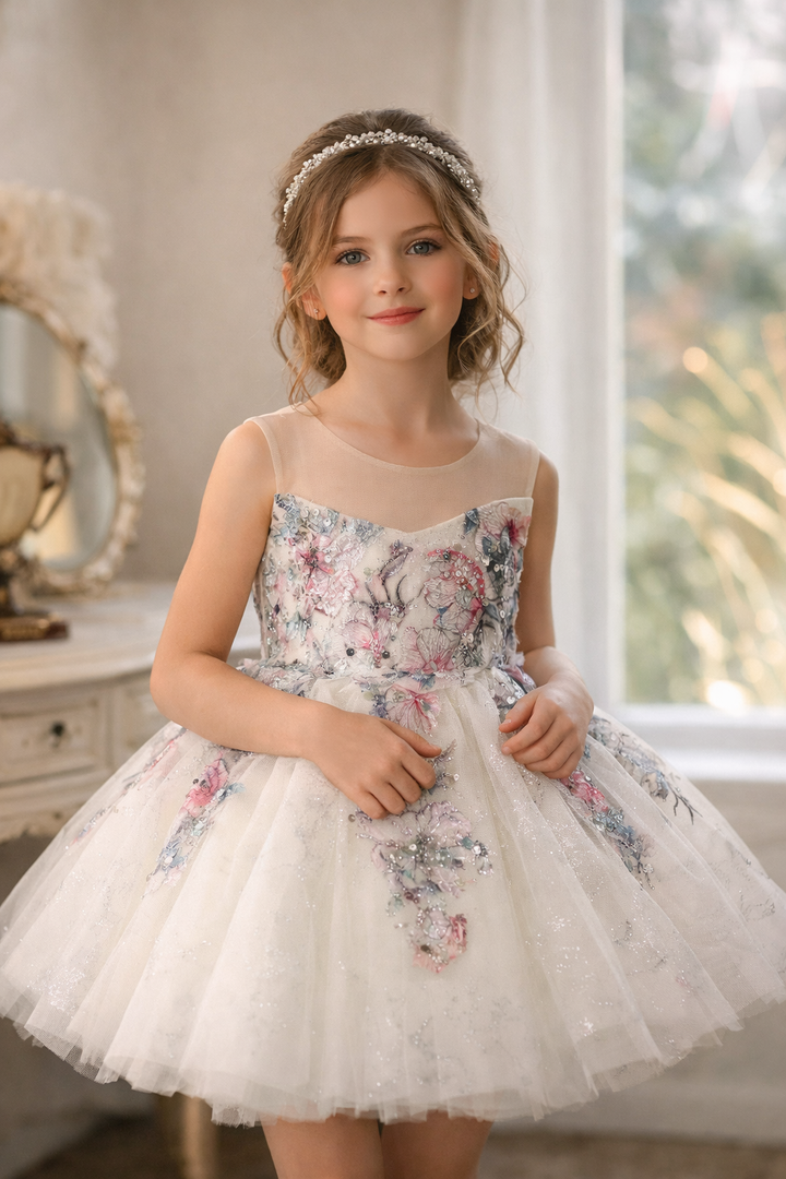 Luxury White Floral Appliqué Girl Dress Princess Birthday Party Gown J871