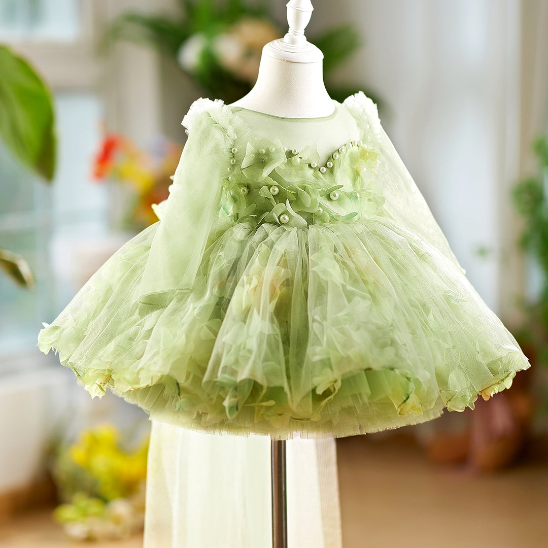 3D Flowers Knee Length Toddler 1 St Birthday Girl Dress D096