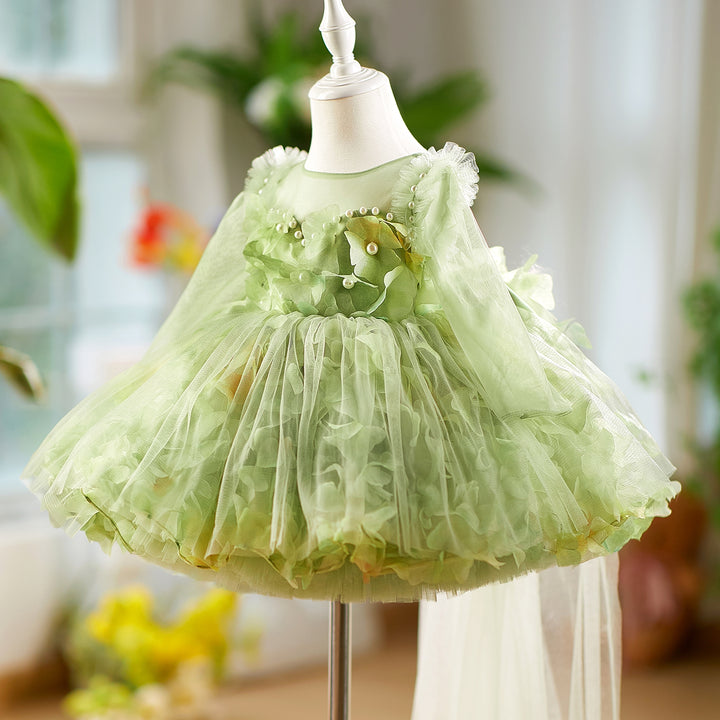 3D Flowers Knee Length Toddler 1 St Birthday Girl Dress D096