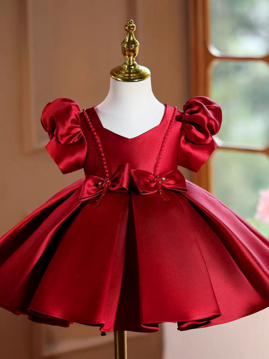 Burgundy Satin Flower Girl Dress Toddler Princess Birthday Party Gown J443