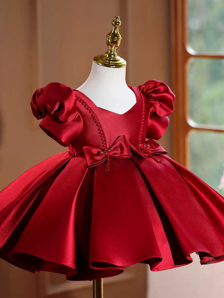 Burgundy Satin Flower Girl Dress Toddler Princess Birthday Party Gown J443