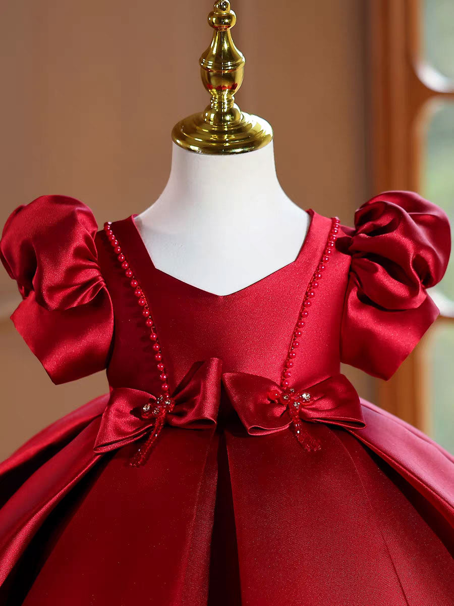 Burgundy Satin Flower Girl Dress Toddler Princess Birthday Party Gown J443