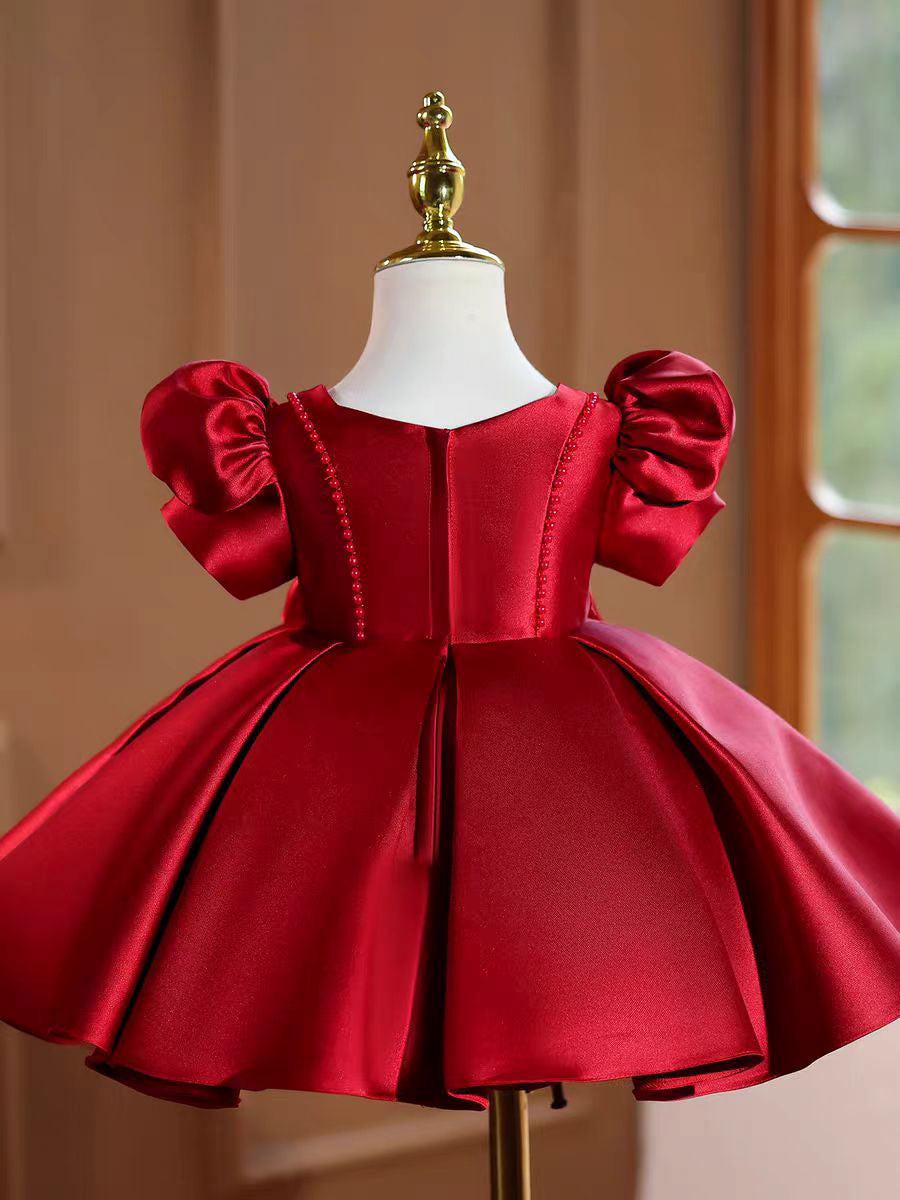 Burgundy Satin Flower Girl Dress Toddler Princess Birthday Party Gown J443