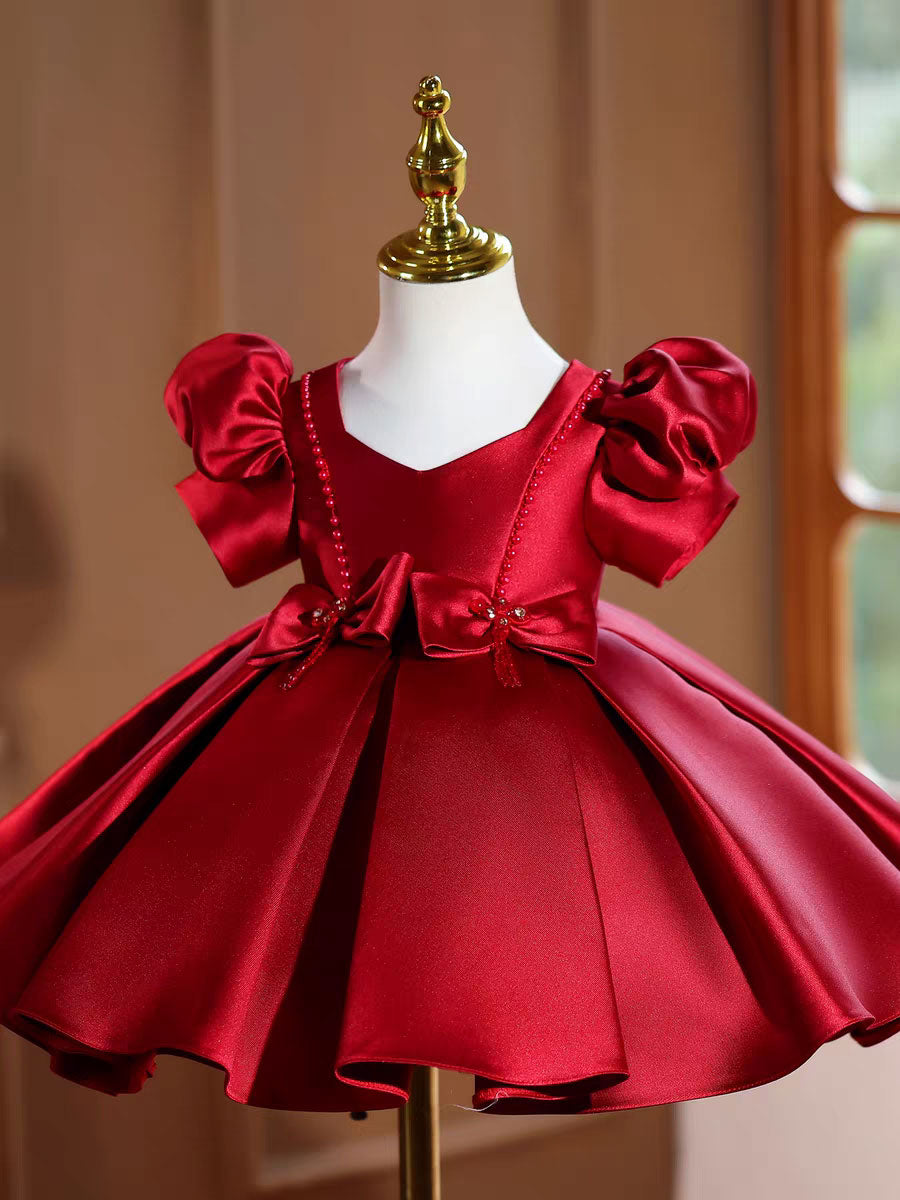 Burgundy Satin Flower Girl Dress Toddler Princess Birthday Party Gown J443