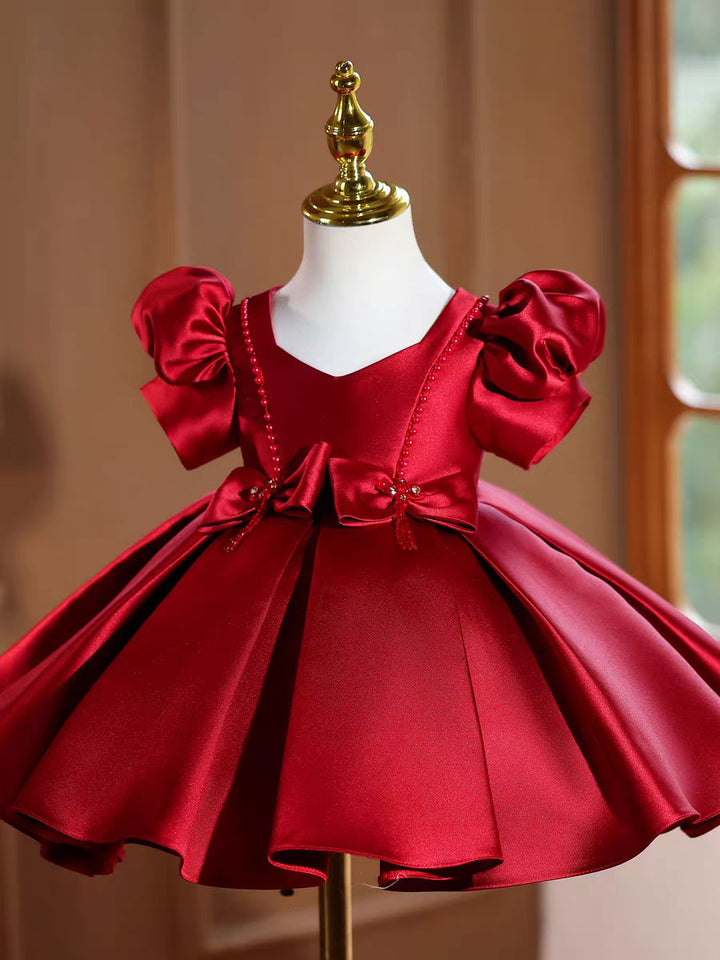 Burgundy Satin Flower Girl Dress Toddler Princess Birthday Party Gown J443