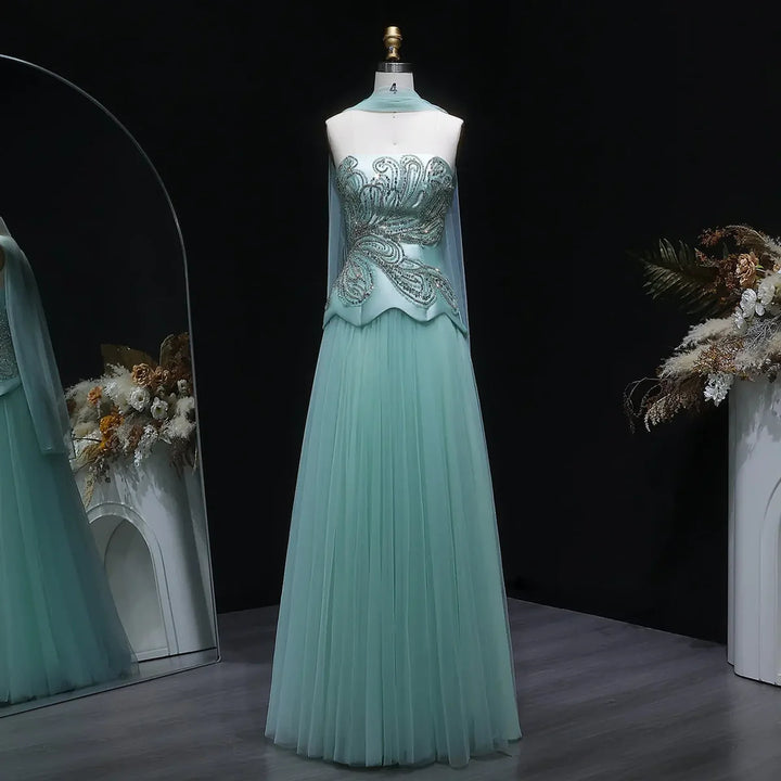 Dreamy Aqua Beaded Strapless with Scarf Evening Dress SS413