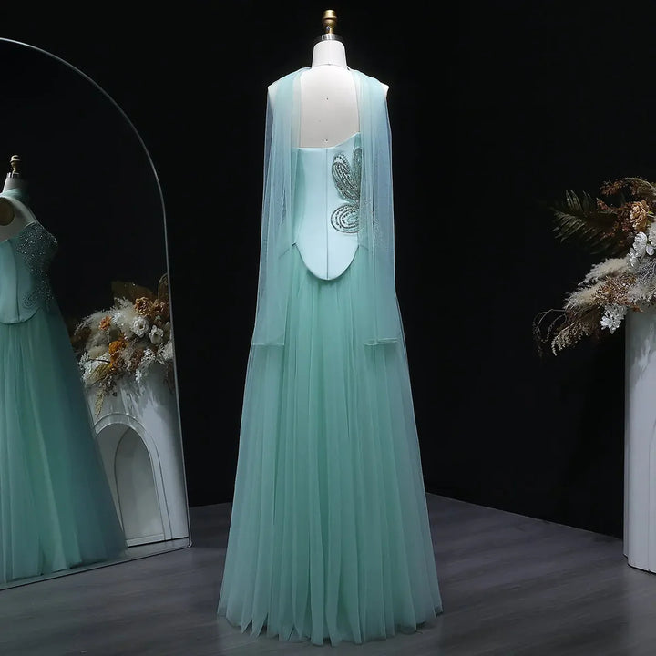 Dreamy Aqua Beaded Strapless with Scarf Evening Dress SS413