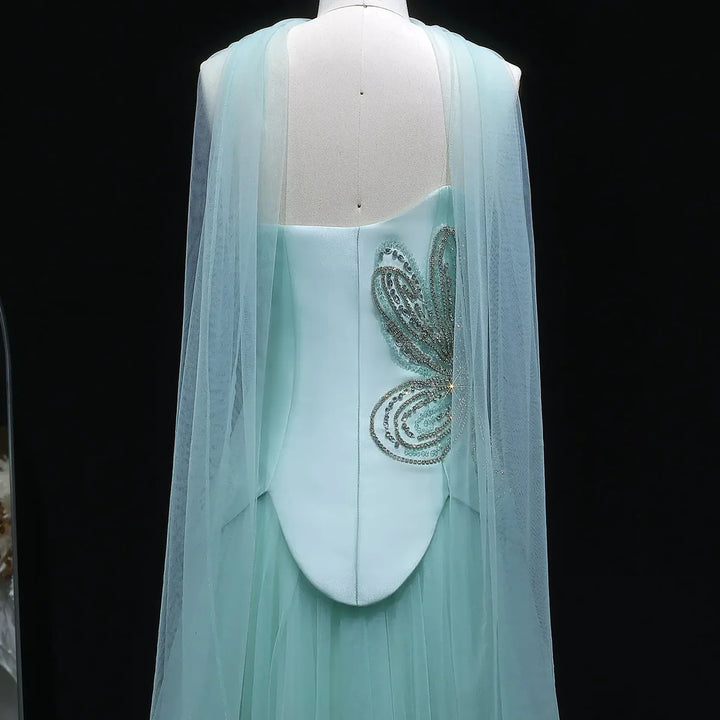 Dreamy Aqua Beaded Strapless with Scarf Evening Dress SS413