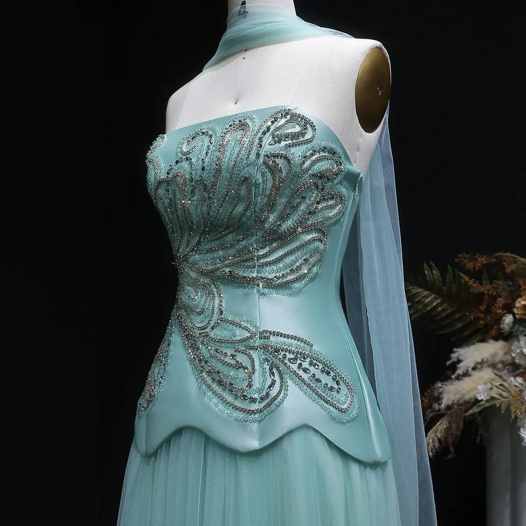 Dreamy Aqua Beaded Strapless with Scarf Evening Dress SS413