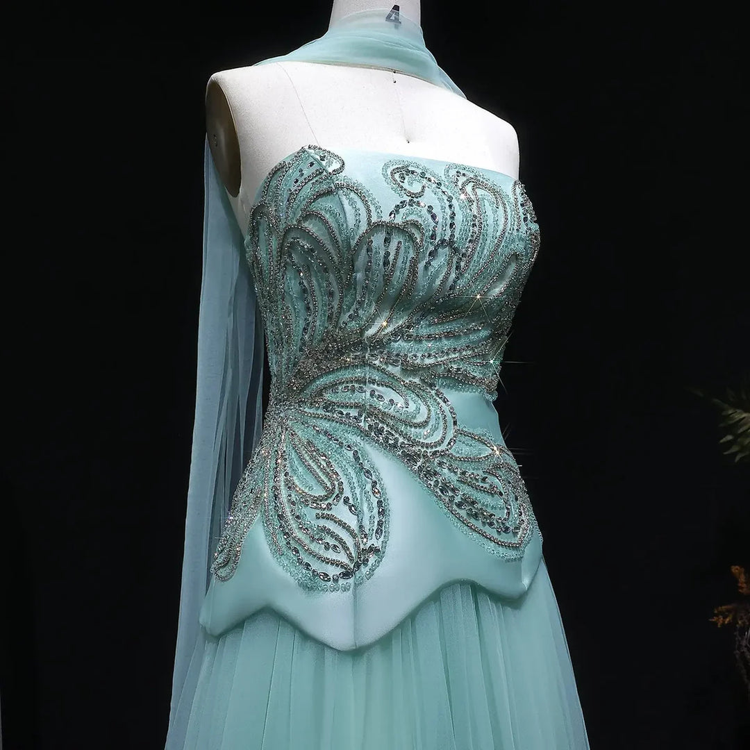 Dreamy Aqua Beaded Strapless with Scarf Evening Dress SS413