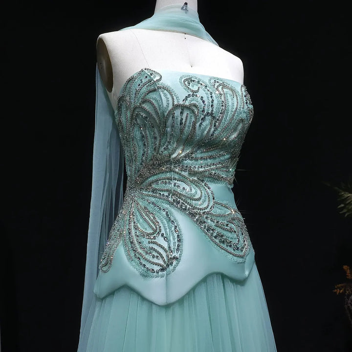 Dreamy Aqua Beaded Strapless with Scarf Evening Dress SS413