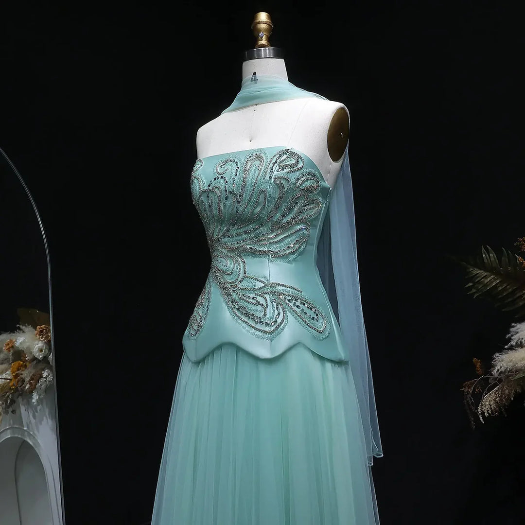 Dreamy Aqua Beaded Strapless with Scarf Evening Dress SS413