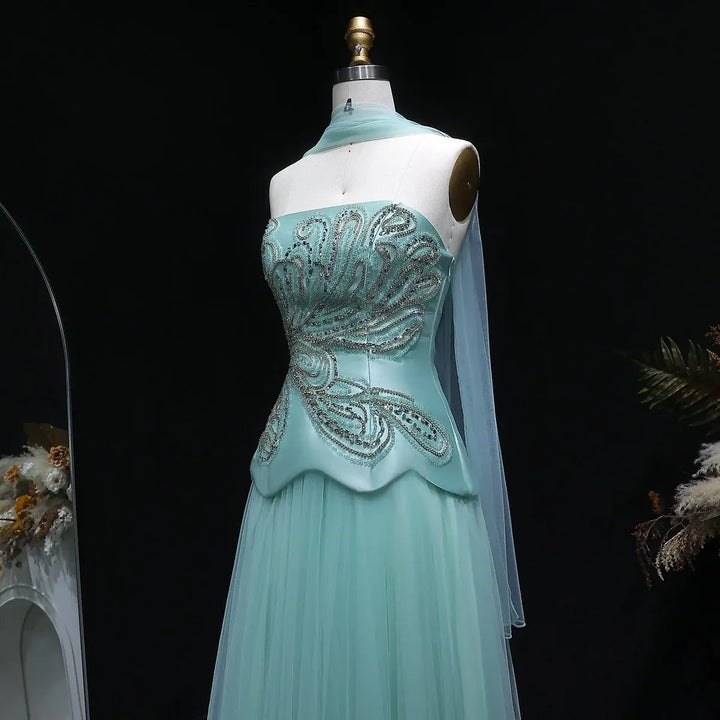 Dreamy Aqua Beaded Strapless with Scarf Evening Dress SS413