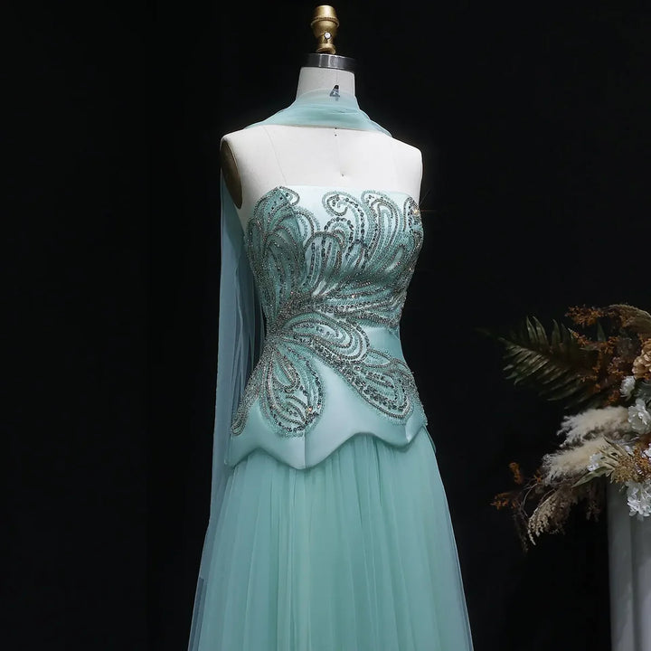 Dreamy Aqua Beaded Strapless with Scarf Evening Dress SS413