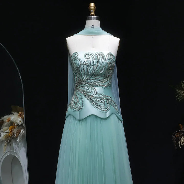Dreamy Aqua Beaded Strapless with Scarf Evening Dress SS413