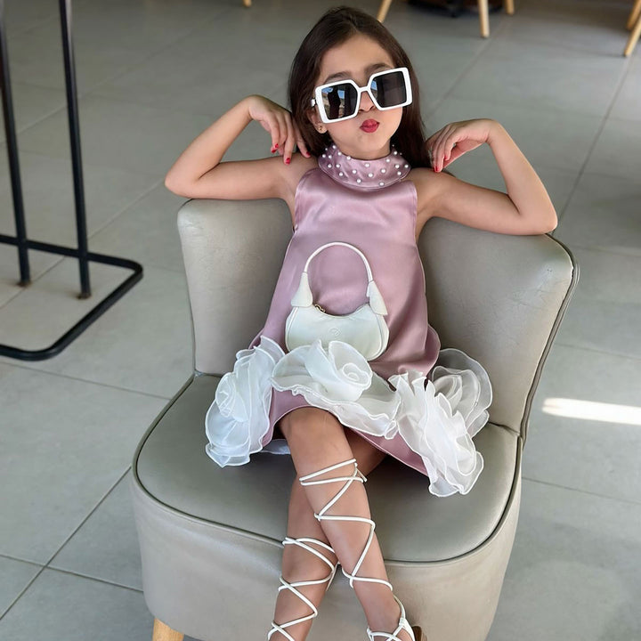 Flower Girl Dress with 3D White Petals Pearl Accents D105